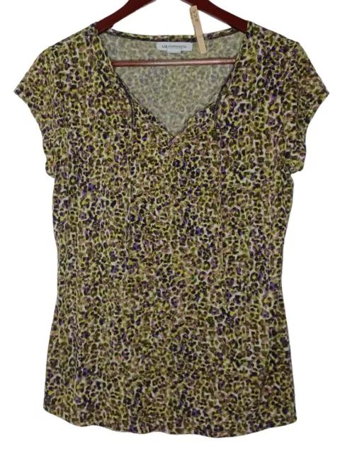 Liz Claiborne Womens Cap Sleeve Split Neck Leopard Print Blouse Top Size M