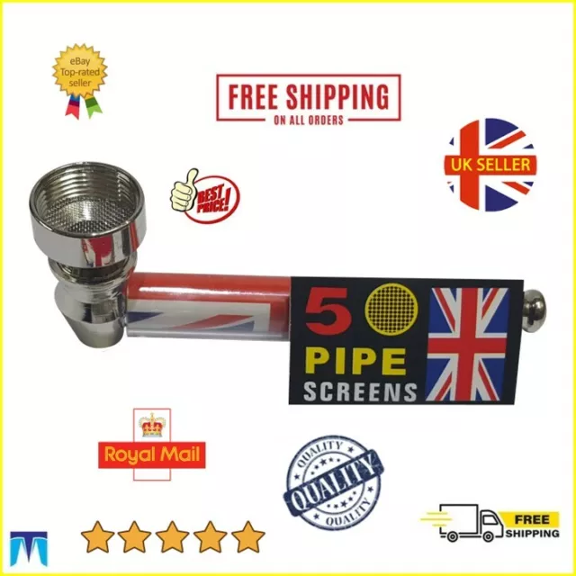 Union Jack Metal Smoking Smoke Tobacco Leaf Pipe + 5 Screens Pocket Size Glass