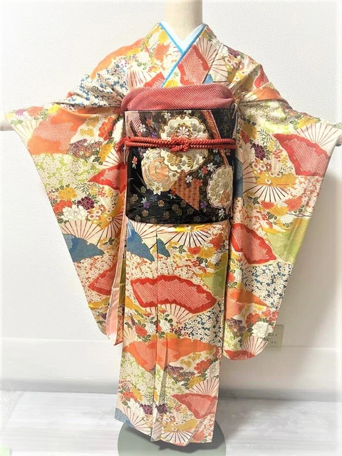 Antique Furisode Kimono & Obi Belt & Jyuban set L Size Floral F/S