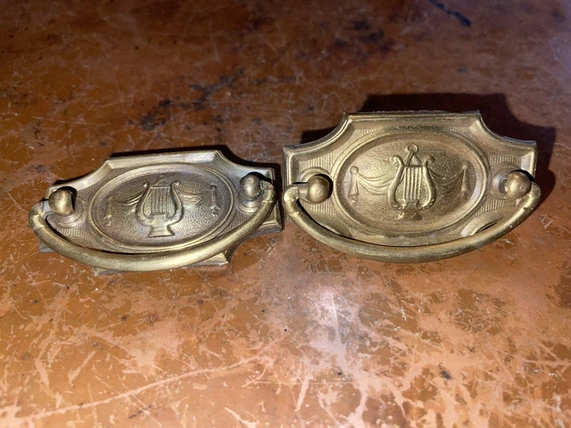 Lot of 2 Antique 2.25" Press Brass Swing Drawer Pulls w/ Harps Reclaimed Salvage