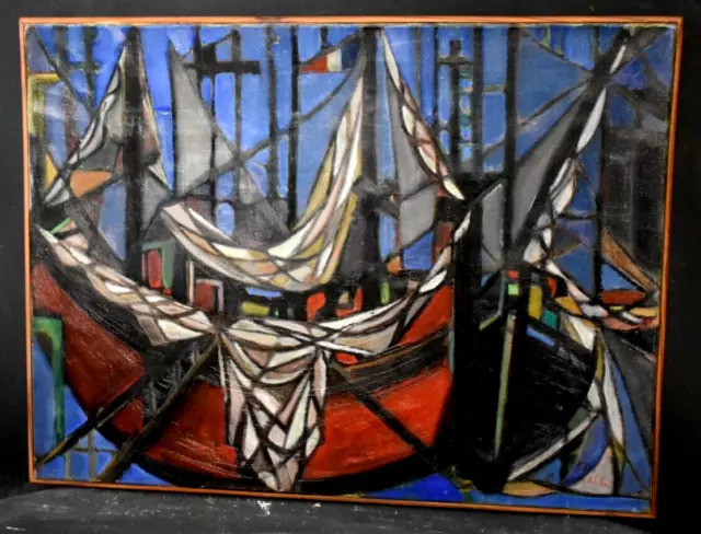 Pintura al óleo marina, barcos cubistas, firmada escuela francesa del siglo XX.