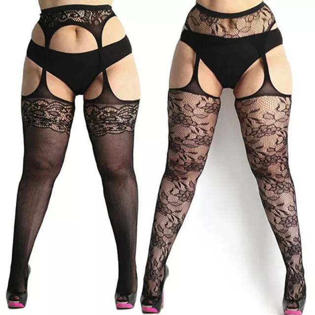 Women's Sexy Fishnet Tights Plus Size Lace Suspender Pantyhose Stocking Black&