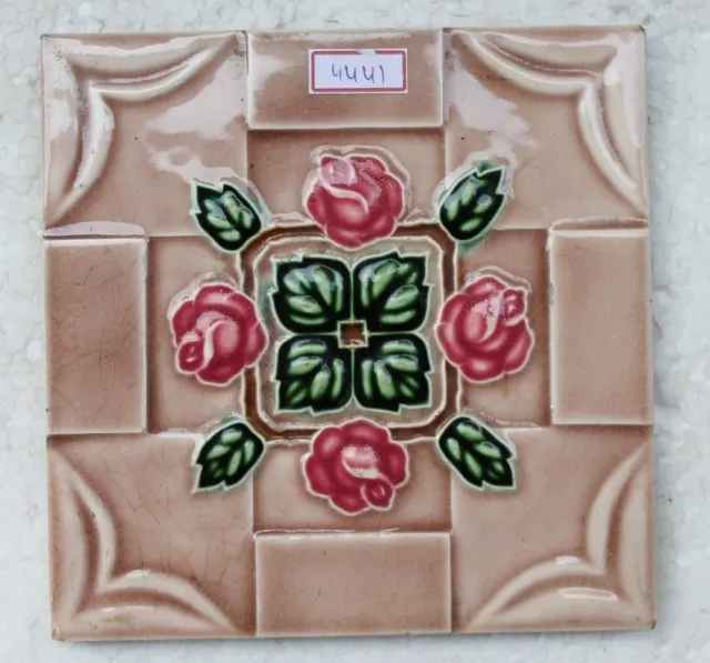 Vintage Tile Art Nouveau Majolica Pink Flower Design Architecture Tile Nh4441