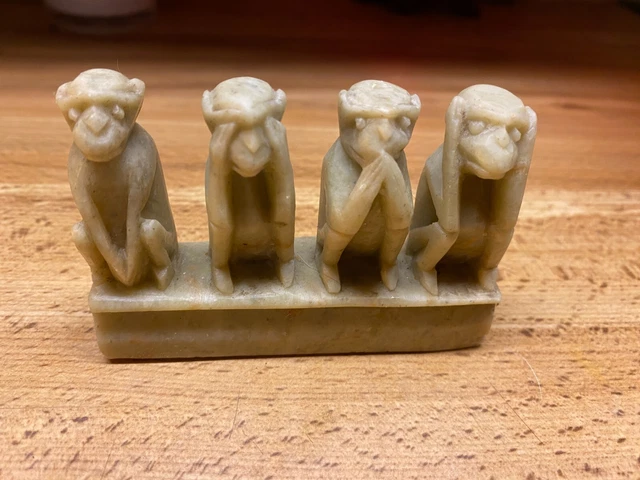 4 Vintage See no Evil Have no fun Monkeys Monkey Green Soapstone 3 1/2" x 2 1/2"
