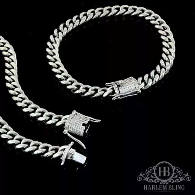 Miami Cuban Bracelet & Chain Set Stainless Steel 8mm Real Silver CZ Clasp