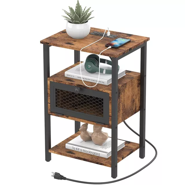 End Table Bedside Table with Charging Station, Nightstand w/Flip Storage Drawer