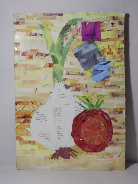 Tomatoes & Garlic Art Collage Project Painting, Mixed Media Art Signed Collage