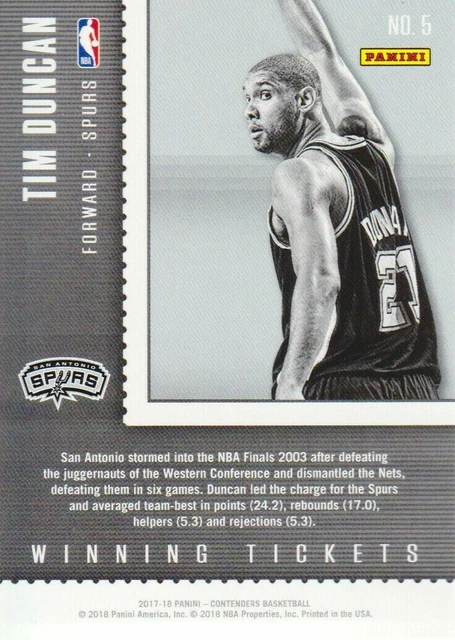 Tim Duncan 2017-18 Panini Contenders Winning Tickets #5 San Antonio Spurs Insert 3
