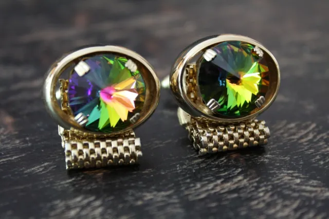 Vtg Gold Tone Faceted Glass Stone Multi-Color Open Frame Mesh Wrap Cufflinks