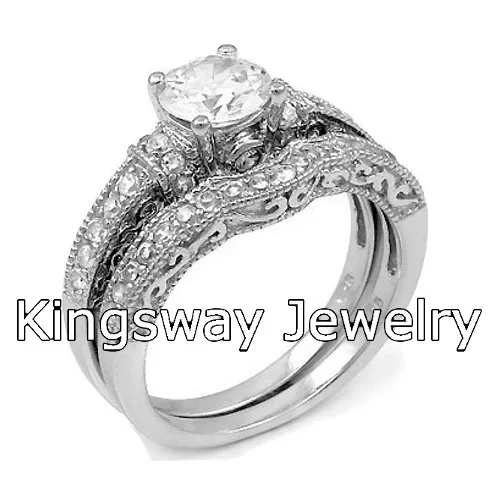 Hers 2pc Antique Diamond Cut Engagement Ring Set 925 Sterling Silver