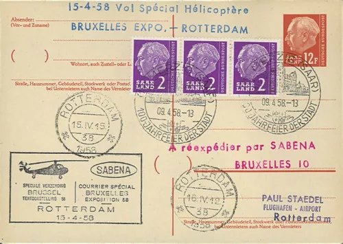 SAB58-H5T1 Entier Postal SARRE "Vol Hélicoptère SABENA Bruxelles-Rotterdam" 1958