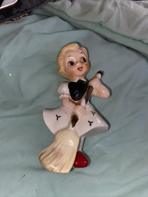 Vintage Japan UCAGCO Ceramic Little Girl Broom Figurine red shoes 1950's