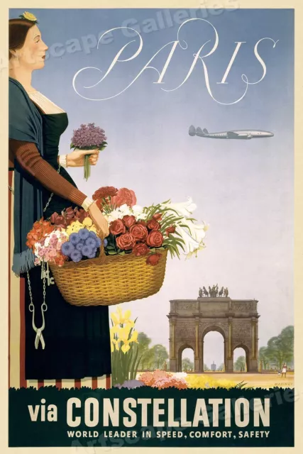 1950s Fly to Paris via Constellation Classic Vintage Travel Poster - 16x24