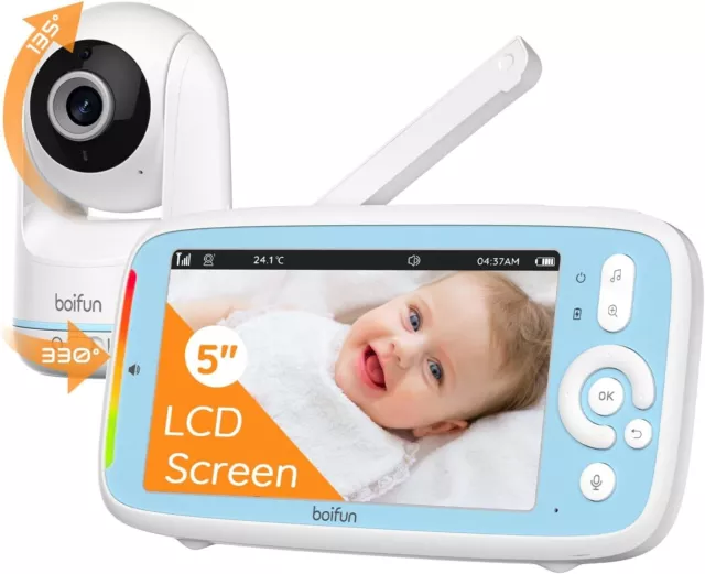 BOIFUN Écran IPS Babyphone Caméra, 5" PTZ 330°Camera Bebe, Vision Nocturne, VOX,