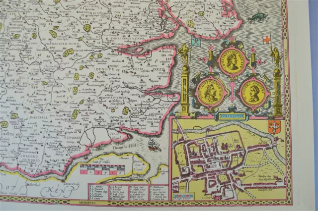 Vintage decorative sheet map of Essex John Speede 1610 Colchester town plan 3