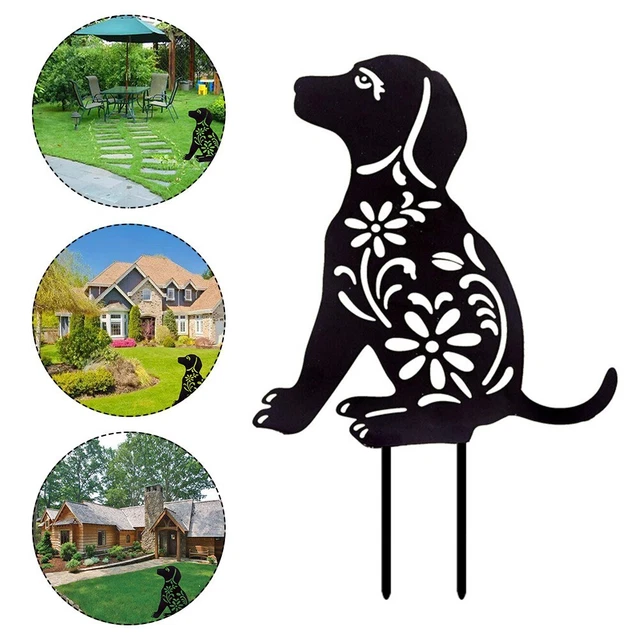 Intricate Floral Cutouts Shadow Silhouette Garden Stake with Cute Puppy Design 3