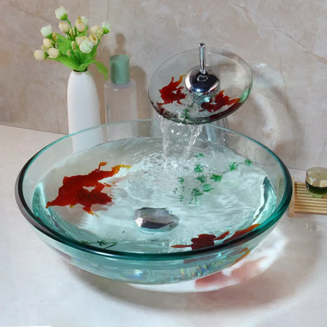 US Bathroom Vessel Sink Round Tempered Glass Basin Bowl Waterfall Taps Drain Set