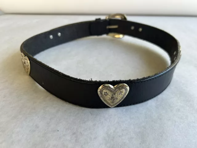 Fossil Women's Medium Black Leather Belt Silver Toned Metal Heart Western Rodeo