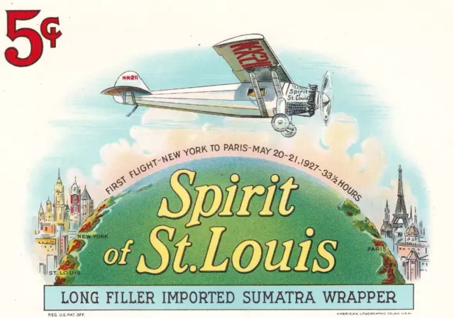 SPIRIT OF ST. LOUIS CIGAR BOX INNER LABEL Plane First Flight New York Paris 1927