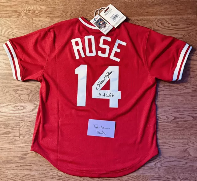 Pete Rose 4256 Inscribed Autographed Reds Mitchell & Ness Bp Jersey Beckett