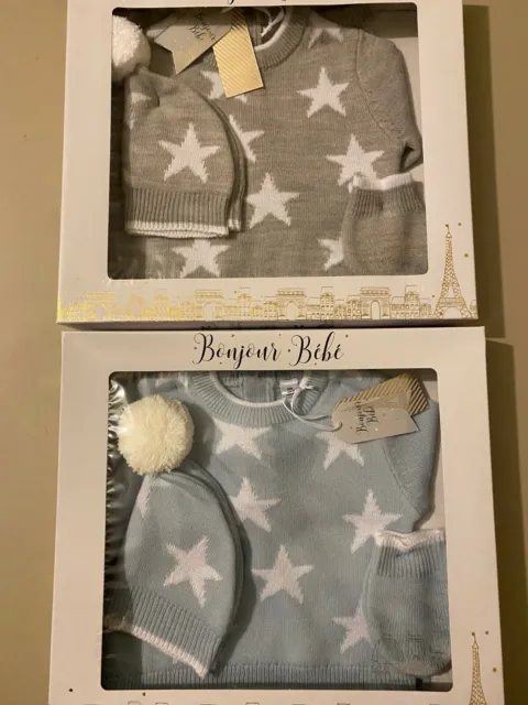 Newborn Baby Boy Knitted Outfit Blue Grey Star Pom Hat Pram Gift Set Boys 0-6M