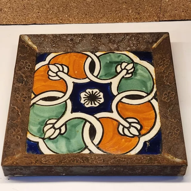 Rare Find Vintage Metal Framed Handpainted Tile