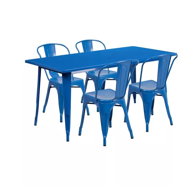Flash Commercial Grade 31.5" x 63" RectBlue Metal Table Set, 4 Stack Chairs