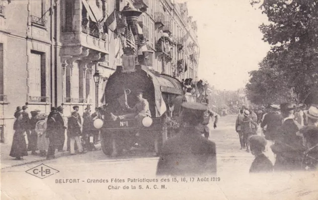 Carte postale ancienne BELFORT fête patriotique août 1919 char SACM Locomotive