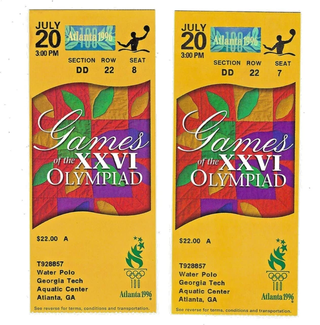 Lot of 2 1996 Atlanta Olympics July 20th Water Polo @ Georgia Tech Tickets