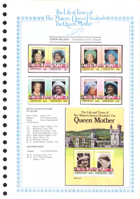 Union Grenadines Of St Vincent - Set Of 8 Stamps On Card - Queen Mother - Format