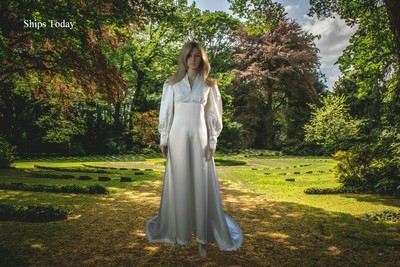 Vintage Long Sleeve Ivory Wedding Dress Gown & Train Size 6 Ships Today 9105