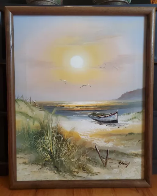 Signed Framed Oil Painting H GAILEY Sunset Shore Coastal Seascape Artwork 17x21"