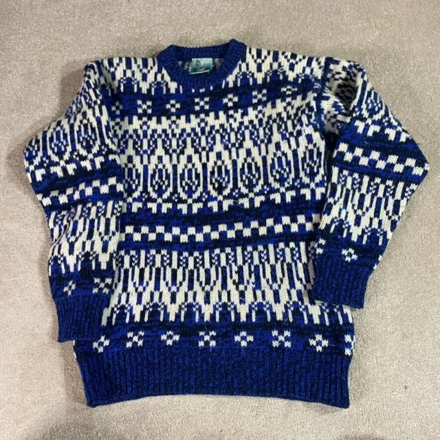 Vintage Icelandic Sweater Adult Medium M Blue White Knitted Pullover Warm Wool