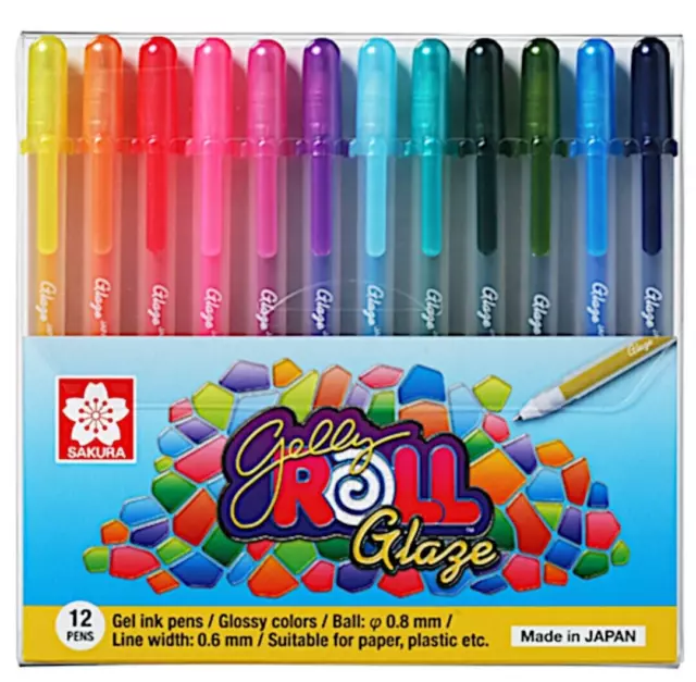 12 x Sakura Gelly Roll Gel Pen GLAZE 3D Effect Set Assorted 12 Colour Set