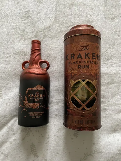 Kraken Black Spiced Rum Limited Edition Kraken flask, Bottle (empty) and  Box.