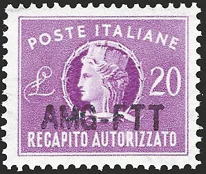 1949 - Trieste A, Recap. Authorization. £20 lilac with soprast. modified "AMG - FTT"