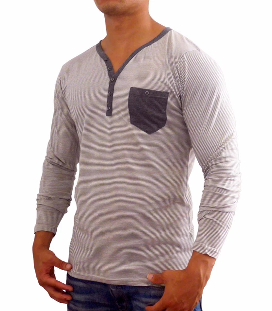 Mens Brown Striped Long Sleeve Henley Tshirt Slim Fit Grandpa Fashion Charcoal