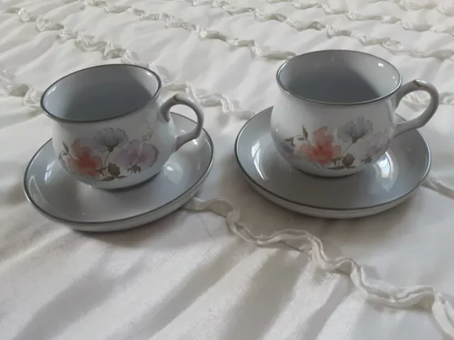 Two Blue Denby Encore Sweet Pea Tea/Coffee Cups and Saucers/Tableware/Dining vgc