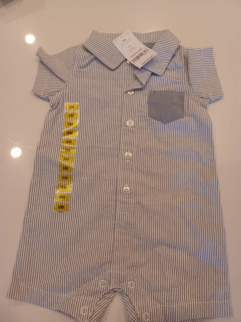 Carters New Tags Baby Boy One Piece Romper 6 Months Blue/White Stripe Btn & Snap