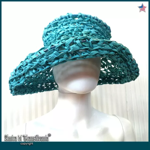 woman hat summer fashion wedding party fascinator headpiece straw wide brim blue