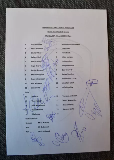 Leeds Reserves Hand Signed Team Sheet 2019 Autograph Leeds United Utd Coa D