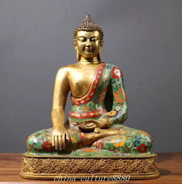 10.6'' Old Tibet Cloisonne Enamel Bronze Gold Shakyamuni Sakyamuni Buddha Statue