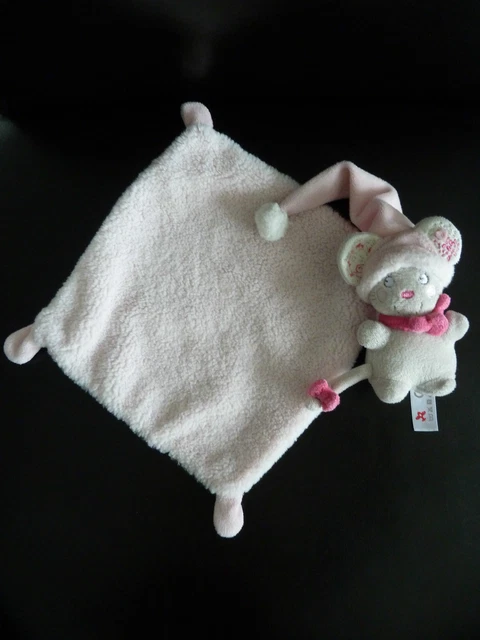 S6- Doudou Plat Mouchoir Nicotoy Souris Rose Gris Noeud Bonnet Excellent  Etat