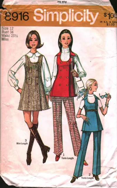 8916 Vintage Simplicity SEWING Pattern Misses Mini Jumper Tunic Pants 1970s 12