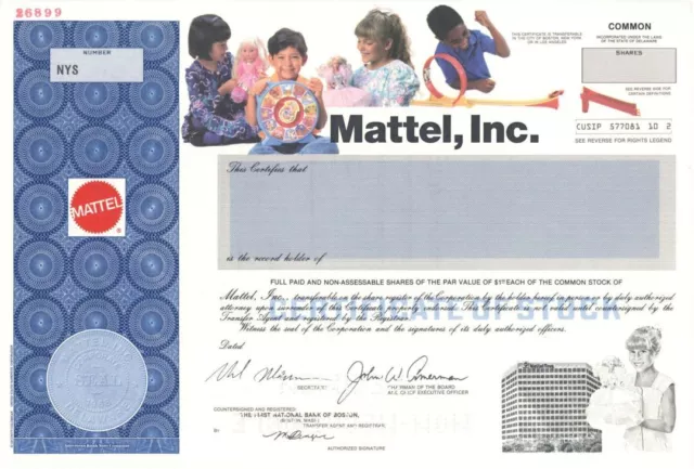 Mattel, Inc. - Specimen Stocks and Bonds - Specimen Stocks & Bonds