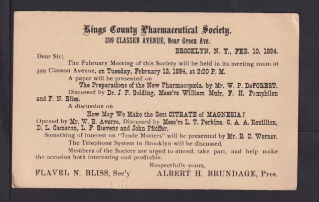 1894 - 1 C. Ganzsche "..Pharmaceutical Society..2" ab Brooklyn  (22030390)