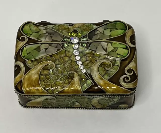 Dragonfly Trinket Box Mosaic Enamel Metal Rhinestones Rectangle 2 1/4 x 3 inches