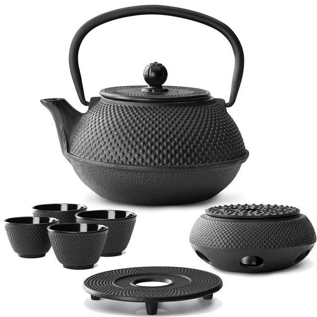 Asia Tee Set Teekanne Teesieb 4 Becher Stövchen Untersetzer Gußeisen 0,8 L