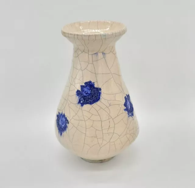 XLarge Brutalist Raku Fired Studio Art Pottery Vase Cobalt Blue Florals ~Signed