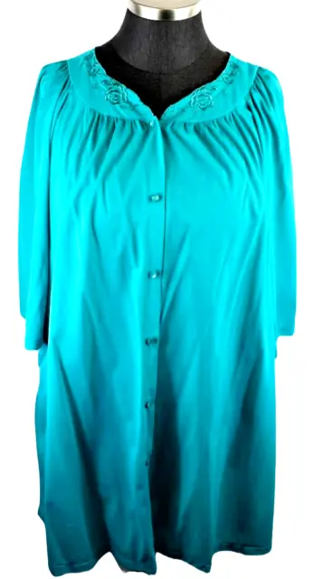 Miss Elaine Vintage Nightgown Robe Plus Size 3X Green 3/4 Sleeve Button Up